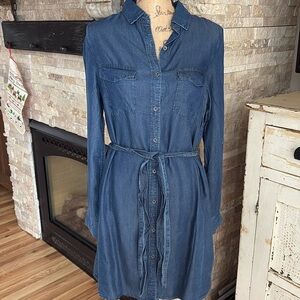 Lily Sky dark denim chambray dress button down tie waist long sleeve